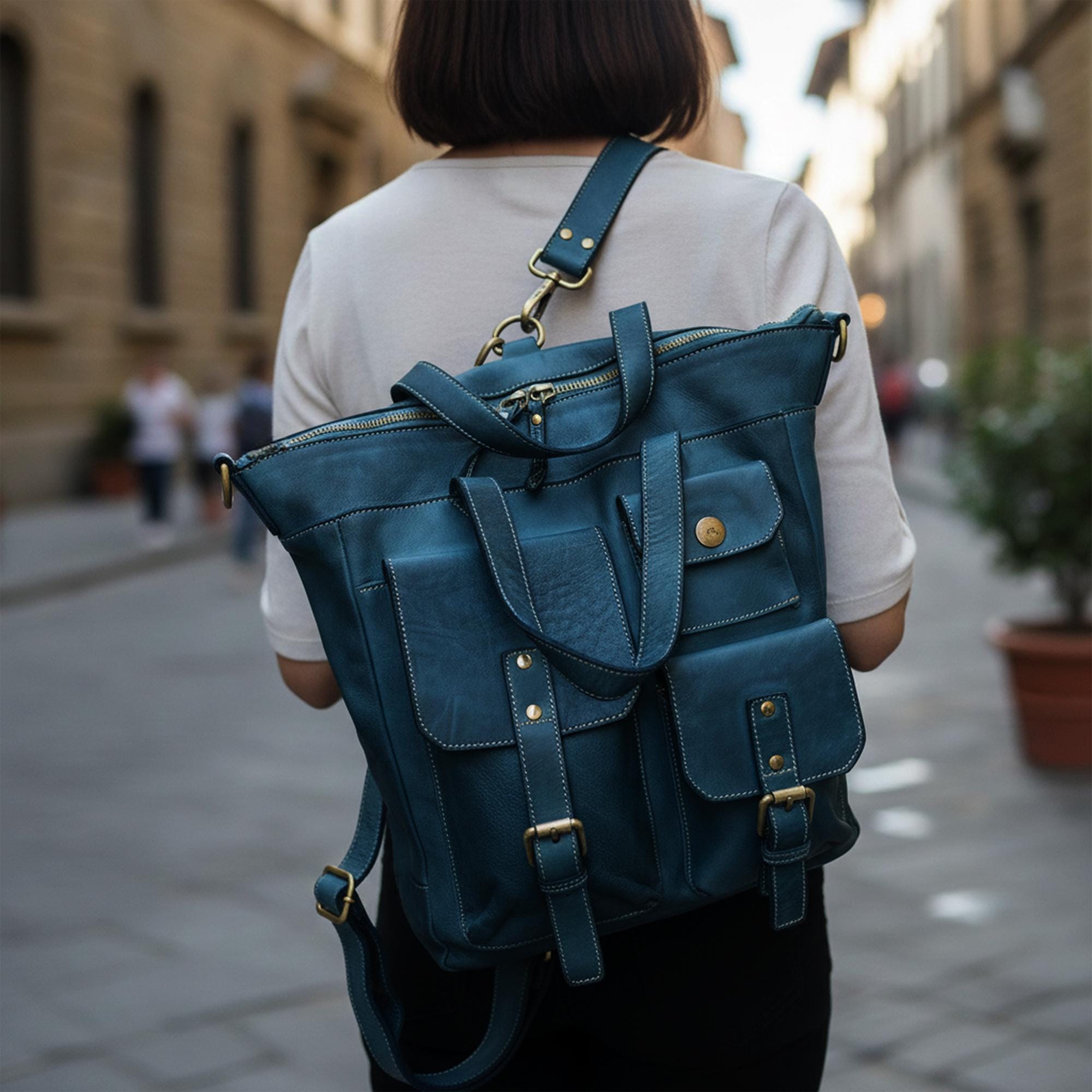 Convertible Teal Blue Soft Leather Backpack Purse, Slouchy Italian Handbag, Handmade Tote Crossbody, Stella