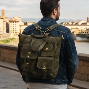 Convertible Military Green Leather Backpack Purse Italy, Italian Handbag, Handmade Tote Crossbody, Stella