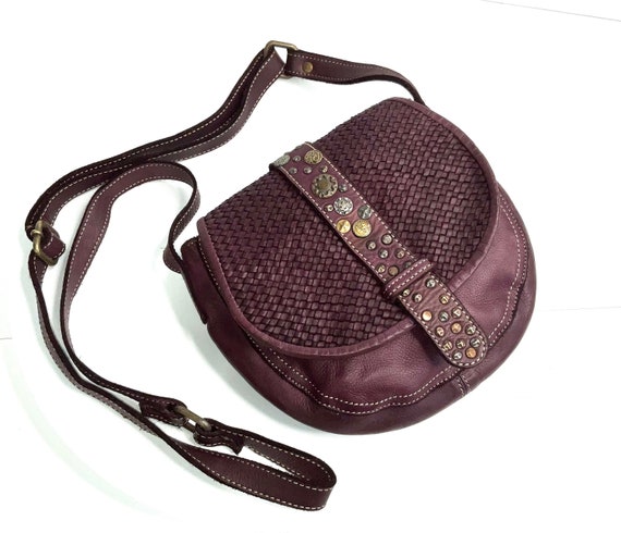 Small Red Wine Woven Leather Crossbody Bag Soft Handmade Woven