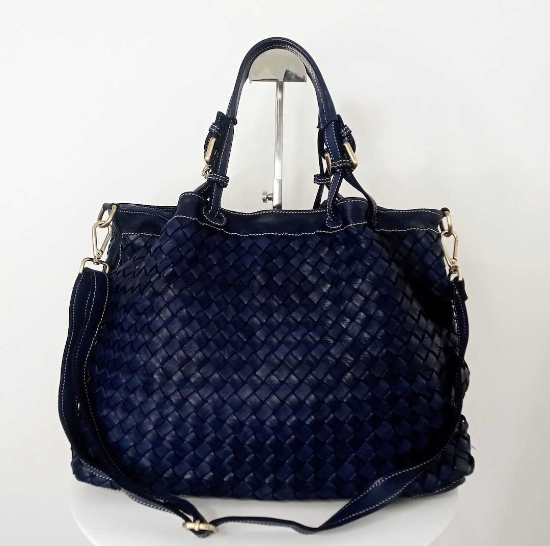 Soft Navy Blue Woven Italian Leather Tote Bag, Customizable, Black ...