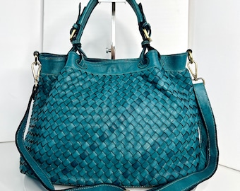 Soft Teal Blue Woven Italian Leather Tote Bag, Italian Slouchy Bag, Slouchy Bag, Customizable, Handmade Woven Leather Handbag, Elow