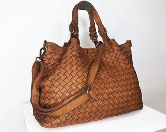 Cognac Woven Leather Bag, Soft Woven Handbag, Leather Tote Woman, Handmade Shoulder Bag, Large Tote Bag, Modern Leather Crossbody Bag, Elow