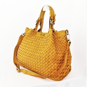 Yellow Italian Woven Leather Bag, Customizable, Soft Woven Leather Handbag, Leather Tote Woman, Italian Leather Tote, Crossbody Bag, Elow