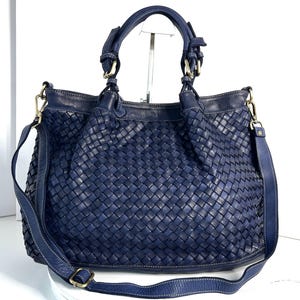 Weicher marineblauer gewebter italienischer Leder-Einkaufstasche, kundengerecht, schwarze gewebte italienische Handtasche, Ledergeldbeutel, handgemachte gewebte Ledergeldbeutel, Elow