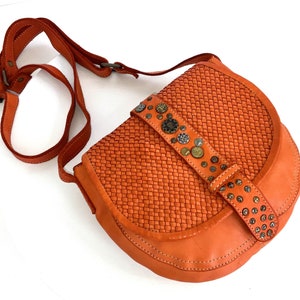 Small Orange Woven Leather Crossbody Bag, Soft Woven Leather Purse, Customizable Italian Shoulder Bag, Handmade Woven Handbag, Romy