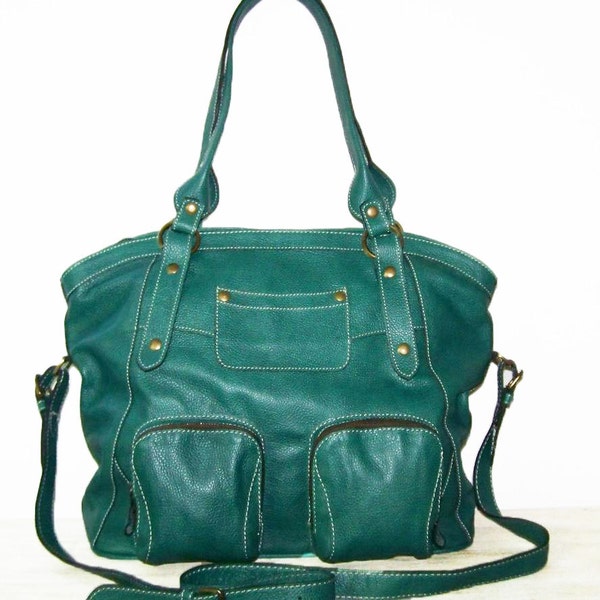 Teal green leather tote bag handbag crossbody bag Magui size l