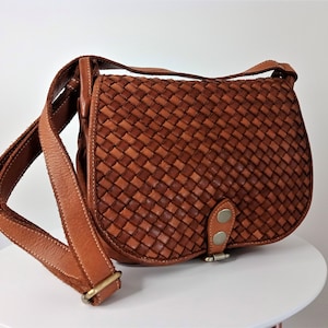 Cognac Soft Italian Woven Leather Crossbody Bag, Soft Italian Woven Leather Purse, Customizable, Soft Cognac Woven Handbag Italy, Gemma