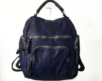 Leather Soft Leather Backpack, Navy blue Italian Bag, Customizable, Handmade Leather Backpack for Women, Leather Backpack, Aim