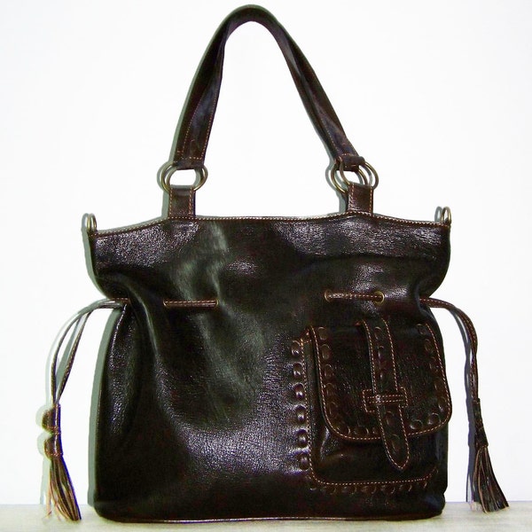 Leather Handbag Tote Shoulder Cross-body Bag Sia in Dark Brown SALE