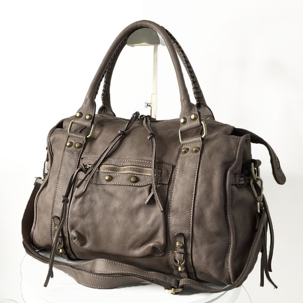 Italain Taupe Leather Bag, Customizable, Soft Leather Crossbody Bag, Leather Bag Women Zipper, Soft Leather Handbag, Italian Leather, ACKER