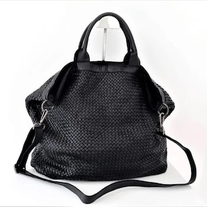 Black Woven Leather Tote with zipper, Customisable, Soft Italian Woven Leather Handbag, Soft Leather Bag, Leather Crossbody Bag Purse, Amber