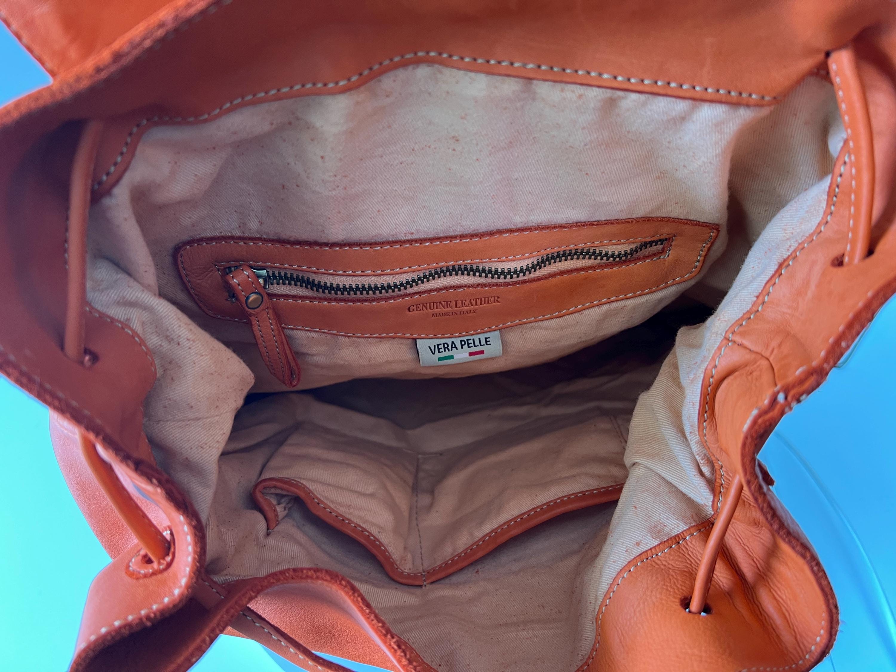 Orange Leather Women\'s Bag/backpack Made in Italy Like new Convertible Radda Leather Backpack Tote Brown and Tan main image 4
