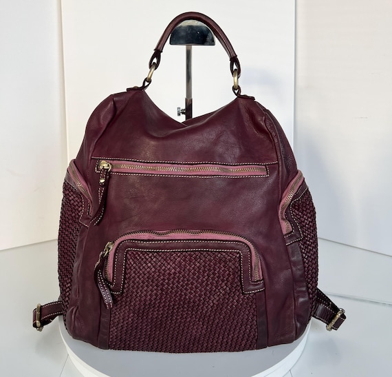 Red Wine Soft Leather Backpack, Woven Italian Backpacks  display picture 3