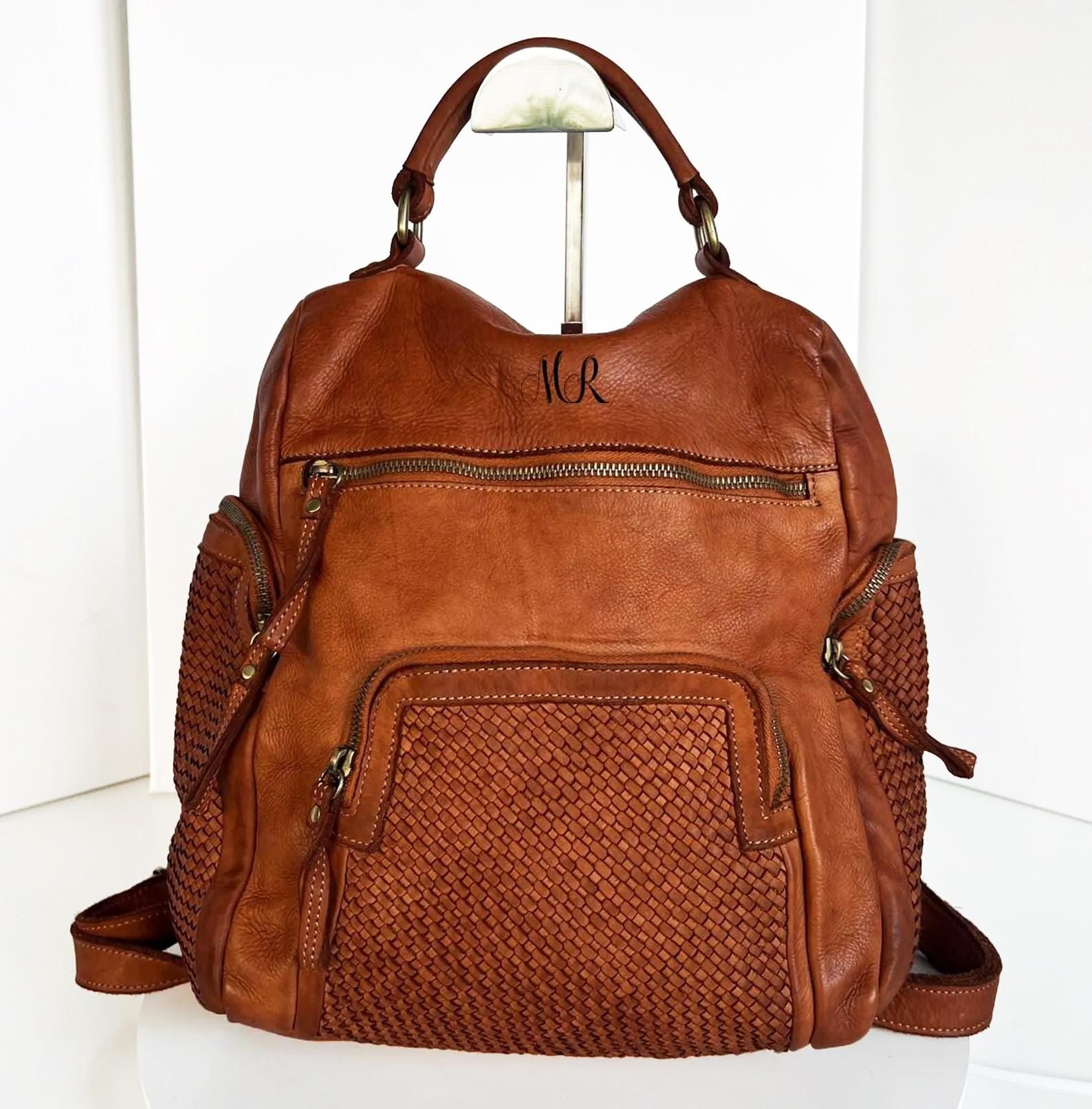 cognac leather backpack Purse, Men's Leather Backpack​ Adjustable back straps Camille Backpack in Cognac