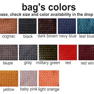 Pu&ograve; includere: Un grafico che mostra 12 diversi colori di pelle per borse. I colori sono cognac, nero, marrone scuro, blu navy, blu petrolio, tortora, grigio, verde militare, rosso, rosso vino, giallo, rosa tenue e arancio chiaro.
