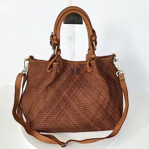 Cognac gewebte Ledertasche, weich gewebte Handtasche, Leder Tote Frau, handgemachte Schultertasche, große Einkaufstasche, moderne Leder Crossbody Tasche, Elza