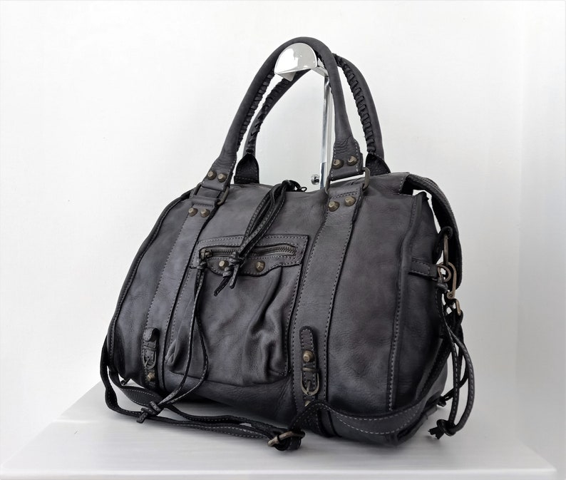 Black Italian Leather Bag, Customizable, Soft Leather Crossbody Purse, Italian Handmade Leather Handbag, Soft Leather Bag zipper, ACKER Gray