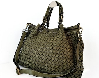 Military Green Woven Leather Bag, Customizable, Leather Purse, Italian Leather Tote, Leather tote women, Soft Leather Handbag, Elow