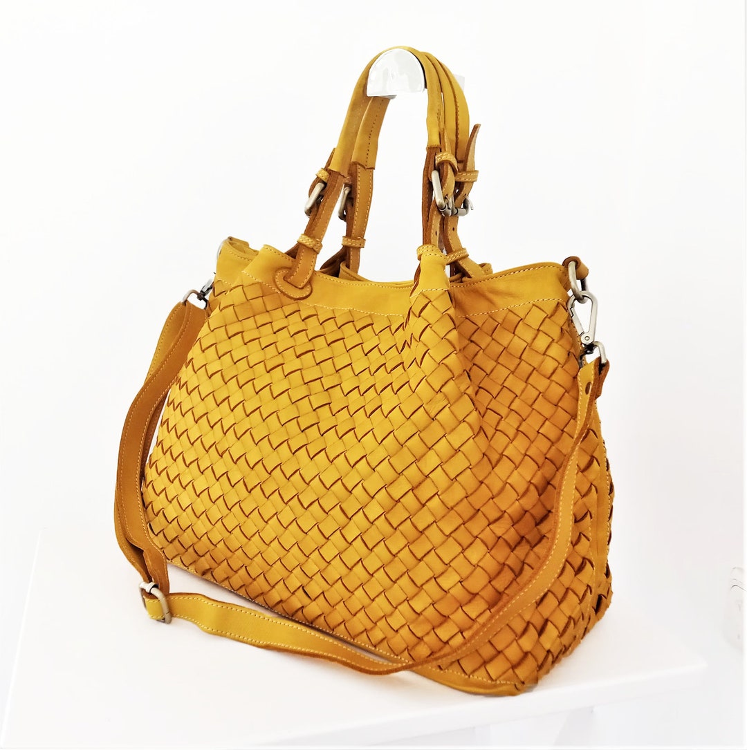 Yellow Italian Woven Leather Bag, Customizable, Soft Woven Leather