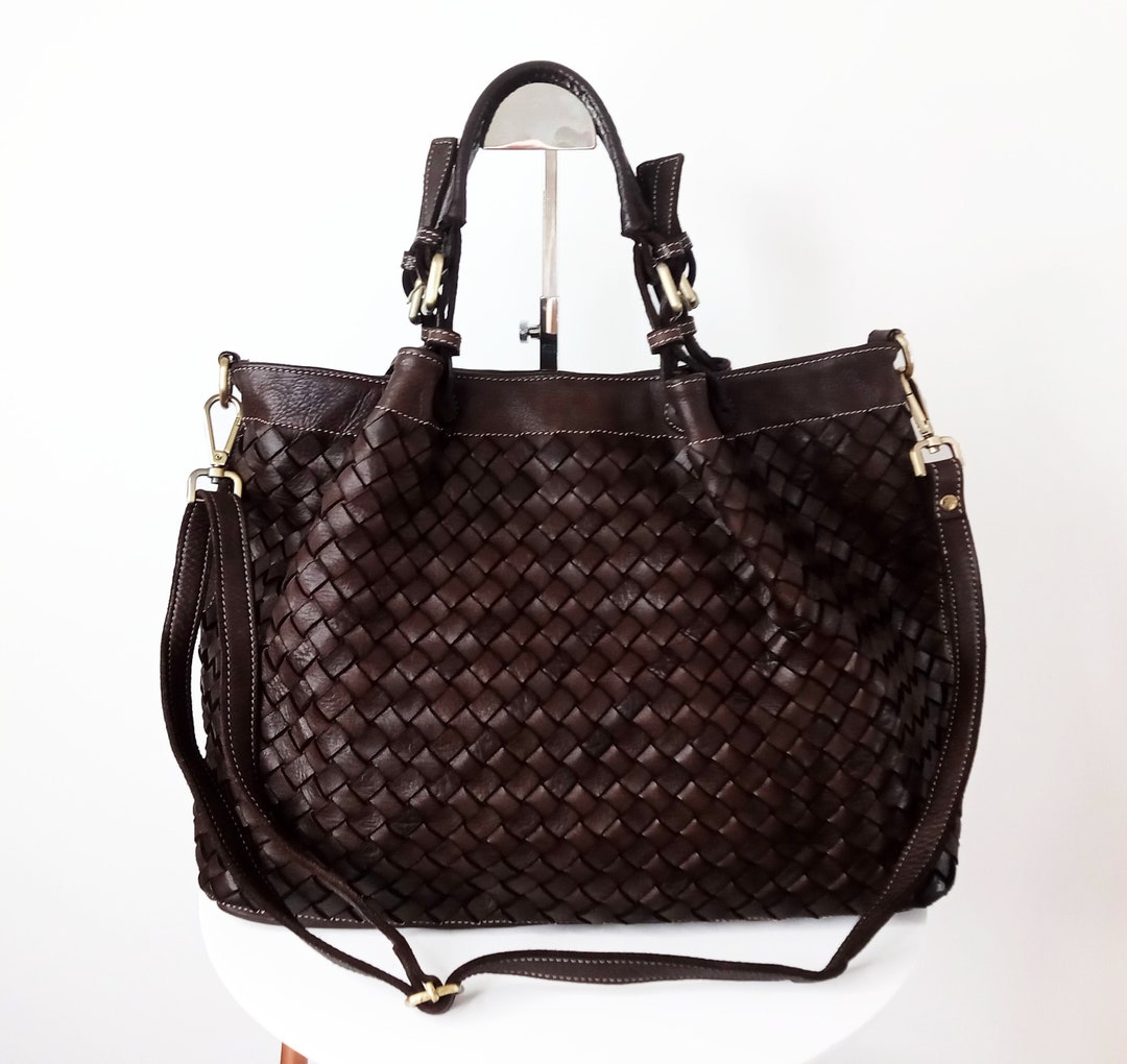 Dark Brown Woven Italian Leather Tote Bag, Customizable, Sift Dark ...