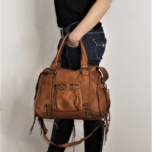Cognac Italian Leather Bag Woman, Customizable, Soft Leather Tote Woman, leather bag zipper, Leather Purse Italy, Italian Handbag, Acker image 4