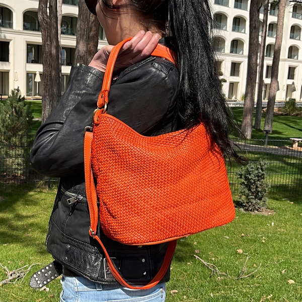 Italian Orange Woven Leather Crossbody Bag, Customizable,  Slouchy Shoulder Bag Handbag, Handmade Woven Orange Leather Purse, Rose