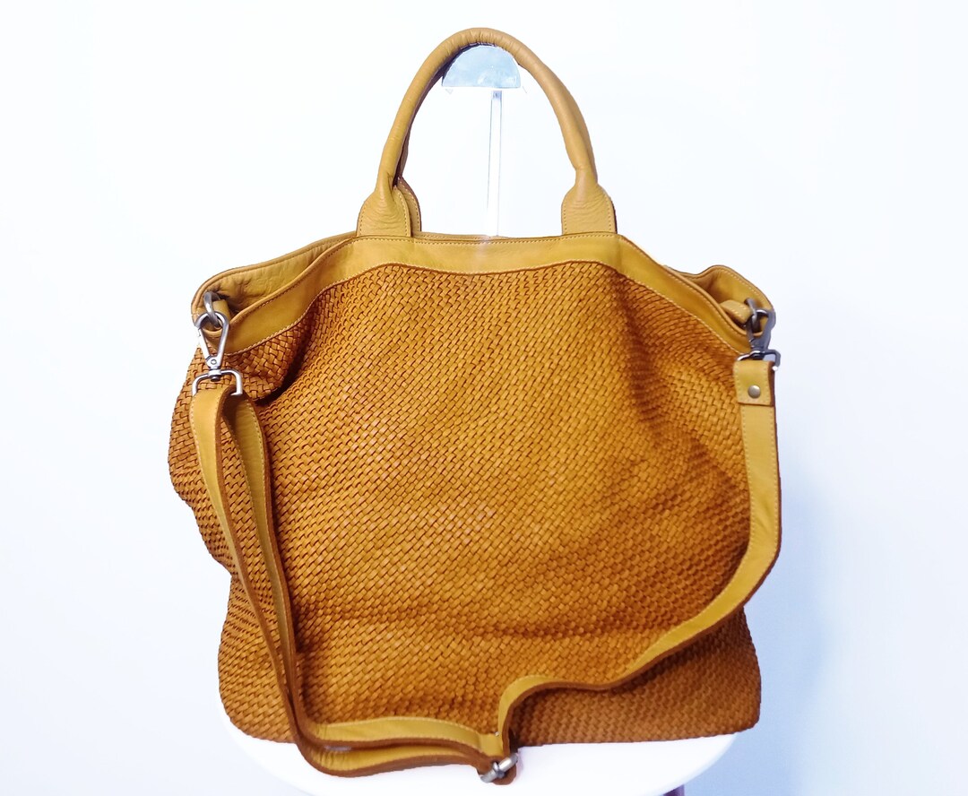 Yellow Woven Leather Tote With Zipper, Customisable, Soft Italian Woven