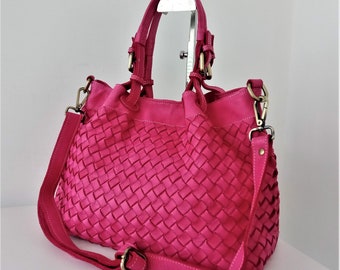 Fuchsia Italian Woven Leather Bag, Customizable, Italian Woven Leather Tote, Soft Italian Handbag, Italian Leather Purse, Crossbody Bag Elow