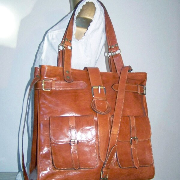 Handcrafted genuine leather shoulder cross-body bag tote handbag Orea XL in tan fits a 15 inches laptop