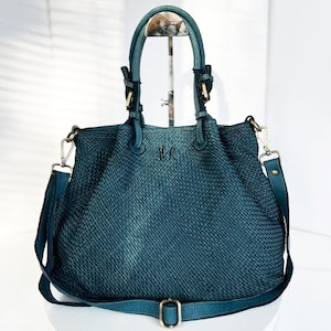 Blau gewebte Ledertasche, Weiche Italienische Handtasche, Slouchy Leder Tote Frau, Handgemachte Schultertasche, Handgemachte Crossbody Tasche Italien, Elza