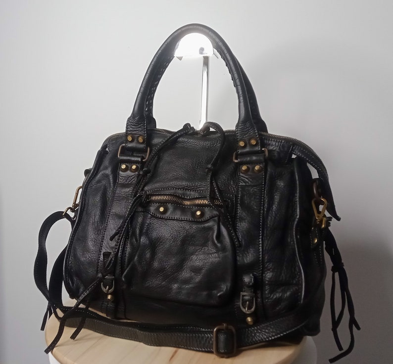 Black Italian Leather Bag, Customizable, Soft Leather Crossbody Purse, Italian Handmade Leather Handbag, Soft Leather Bag zipper, ACKER image 1