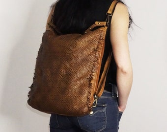 Italian Woven Leather Bag, Customizable, Cognac Leather Backpack, Convertible bag, Crossbody bag, Leather bag women, Leather Handbag, Koren