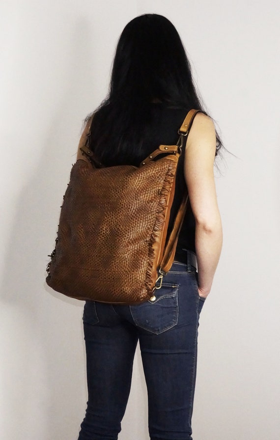 Cognac Convertible Woven Leather Backpack Purse, Italian  display picture 2
