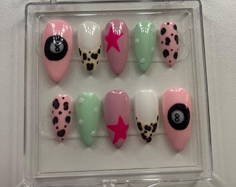 Pink and green almond press on nails.