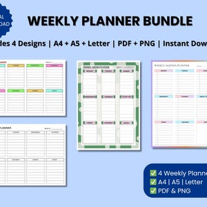 Wochenplaner Bundle - 4 Wochenplaner in A4, A5, Letter Größe - PDF und PNG - Minimal, Floral und Schwarz Weiß Design - Instant Download.