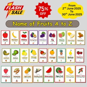 Fruitkaarten van A tot Z voor kinderen – Afdrukbare educatieve kaarten – 2 formaten (3 x 5 en 5 x 7 inch) – leren alfabet, klasinrichting, montessori