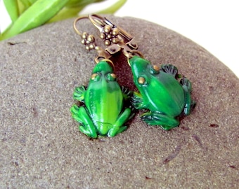 Frogs, vintage Japanese celluloid frog earrings, dangle, unique unusual handpainted green frog charms on brass flower leverbacks