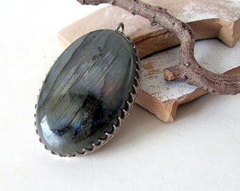 Labradorite Pendant, 925 Sterling Silver, oval cabochon, vintage jewelry supplies supply destash