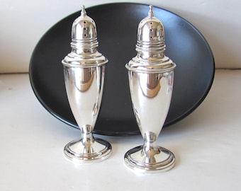 Antique silver salt and pepper shakers, tall, Wm Rogers EPNS