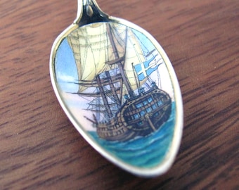 Antique souvenir spoon, Sweden, 800 silver with enamel painting of a ship, nautical collectors collectible