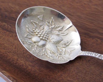 Antique sterling silver berry spoon, S. Kirk & Son repoussé fruit design, for serving compote bon bon jam jelly