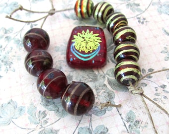Foiled lampwork bead destash, maroon red gold foil stripe, unique handmade bead set, dichroic glass pendant
