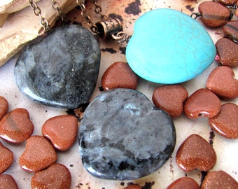 Stone heart pendants, faux gemstone hearts destash lot, jewelry supplies supply