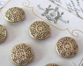 Antique brass filigree buttons, 12 vintage twinkle buttons made in Czechoslovakia, round gold metal for sewing dressmaking costumes