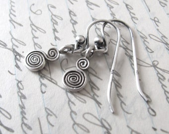 Karma earrings, sterling silver dangle, double spiral what goes around comes around
