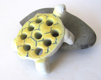 Vintage figural turtle flower frog, hand painted collectible ceramics for floral arranging