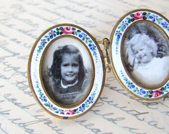 Antique double photo frame, Guilloche enamel tabletop picture frames, small oval with floral roses