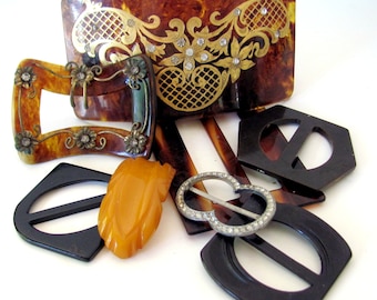 Antique vintage buckles, lot of 8, celluloid, Bakelite destash supplies for shoe, hat, costume sewing, millinery, jewelry