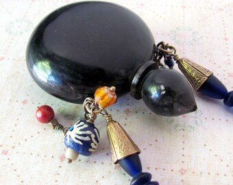 Unique vintage amphora necklace, boho bohemian tribal potion or snuff bottle in carved horn, blue African glass, one of a kind ooak jewelry