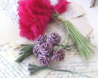 Vintage flower bunches, 4 assorted sizes and fabric, feathers, silk, ribbon for costume dressmaking hat making, millinery embellishments
